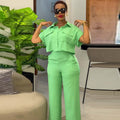 Ready-to-ship cross-border european and american women's clothing:  summer new arrivals, casual collared short-sleeve shirt and wide-leg pants fashion set