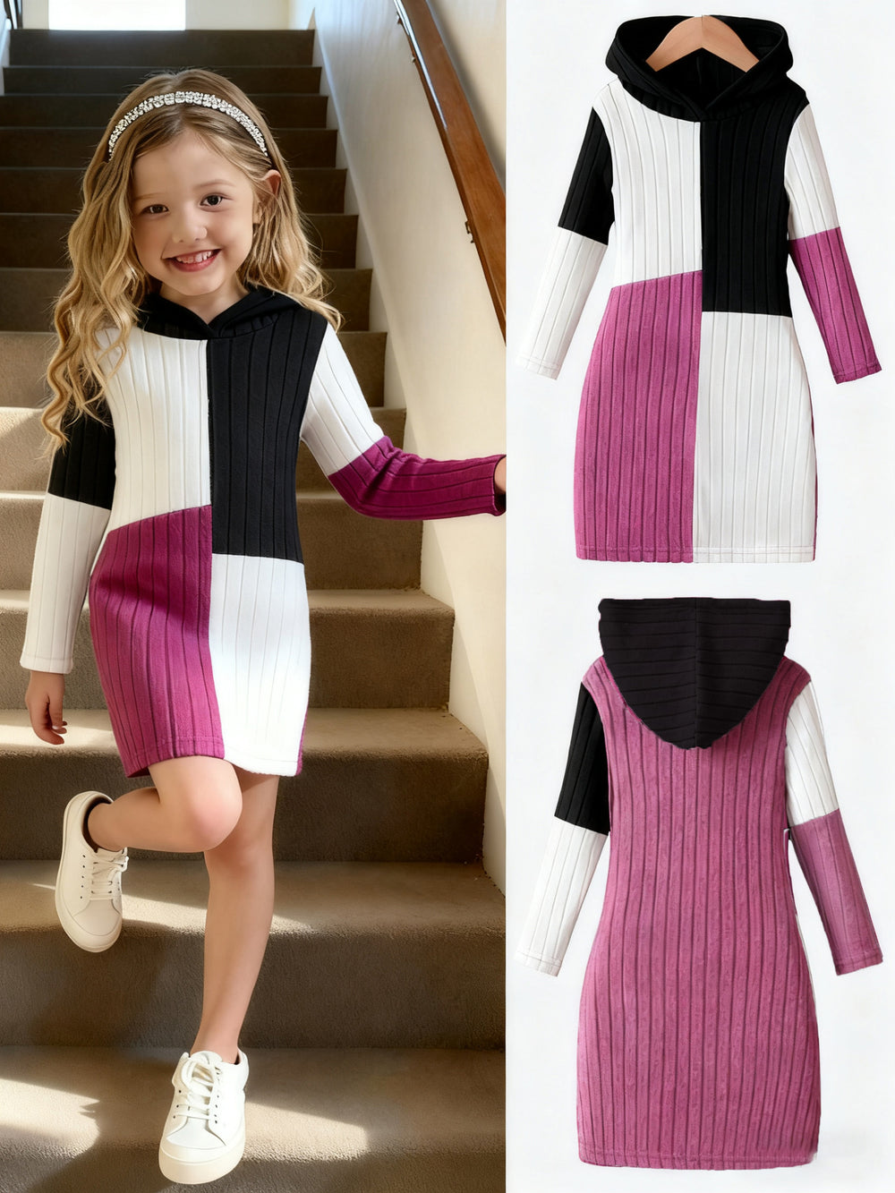 girldresslong sleeves color block pit stripeswoolen hoodie kidscasualfall and winterfall and winter long skirt