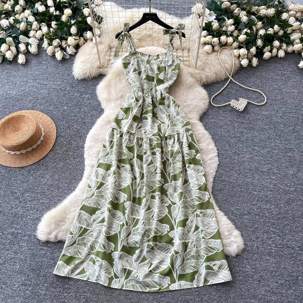 Vacation style printing suspender casual sleeveless dress for women summersense of designhigh waist waist slimming look long skirt yellow