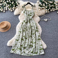Vacation style printing suspender casual sleeveless dress for women summersense of designhigh waist waist slimming look long skirt yellow