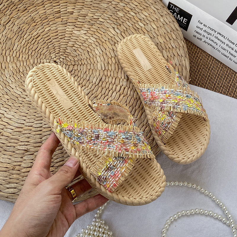 2024 summer new women's fashion slippers retro colorful braided criss-cross strap sandals women's outdoor versatile beach shoes