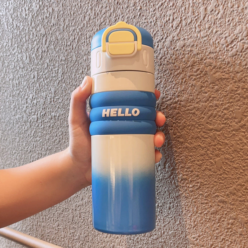 Cartoon red panda straight body insulated water bottle, 316 stainless steel, large capacity, dual-drink kids' water bottle, cute straw cup