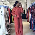 European and american cross-border women's fashion:  summer new collection - solid color floral long sleeve blouse and high-waisted trousers casual set