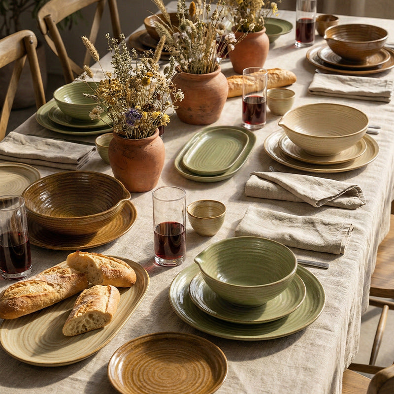 Kiln-turned threaded ceramic tableware retro style hotel restaurant steak plate stylish high-looking western food plate fish plate tableware