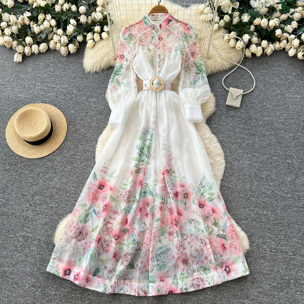 Vacation-style floral print slim-fit dress for women, perfect for spring. long-sleeved, high-waisted, and a-line silhouette. ideal for both work and everyday elegance