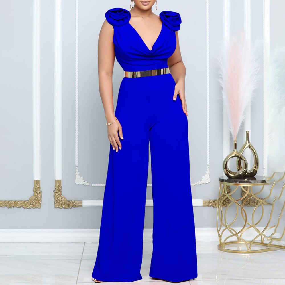 C8580 european and american women's clothing  new fashion v-neck sexy wide-leg pants solid color high-neck sleeveless cinched waist jumpsuit