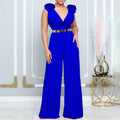 C8580 european and american women's clothing  new fashion v-neck sexy wide-leg pants solid color high-neck sleeveless cinched waist jumpsuit