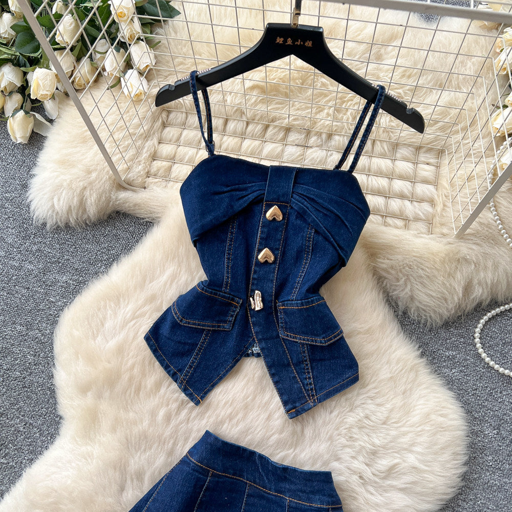 e-commerce  denim set for women, summer sleeveless sophisticated style vest + high-waisted midi skirt two-piece set