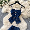 e-commerce  denim set for women, summer sleeveless sophisticated style vest + high-waisted midi skirt two-piece set
