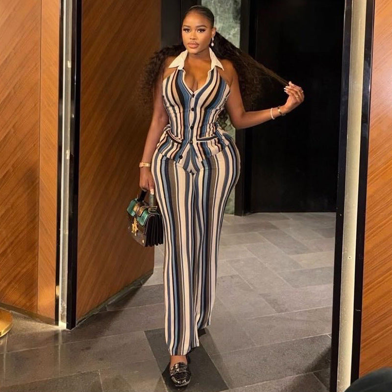 European and american style ins foreign trade women's personalized striped slim-fit pantsuit v-neck button fashion print two-piece set