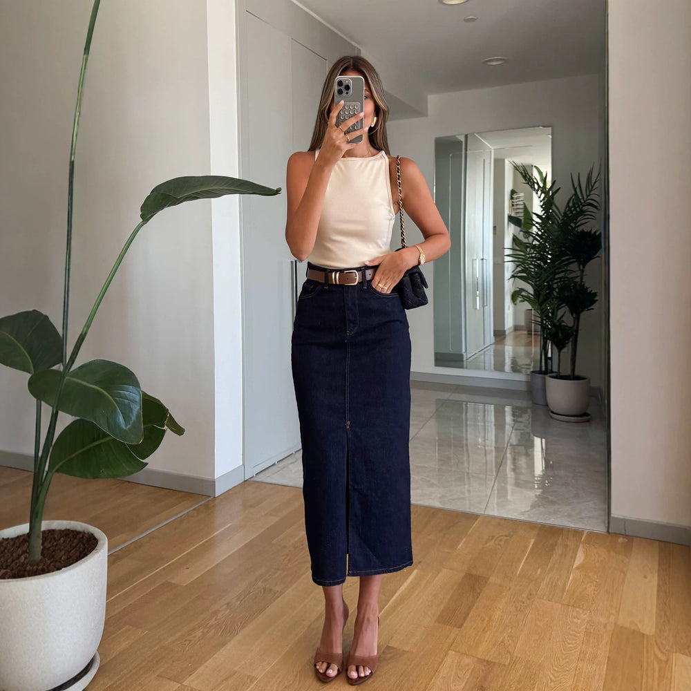 Retro dark blue high waist denim skirt women's medium longstraight-legelegant long skirt work clothingeasiest for matchslimming look skirt