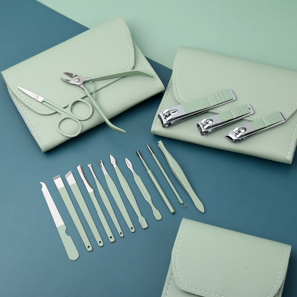 Matcha green dropshipping pedicure knife manicure tool stainless steel nail scissors suit 16-piece beauty pliers manicure full set