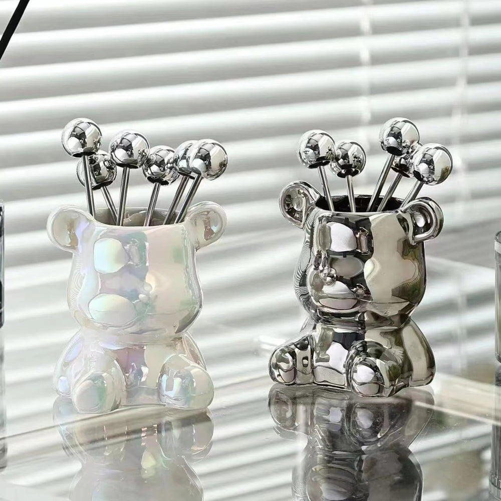 Simple ins style bear stainless steel fruit fork set fruit pick household high-looking ceramic fruit fork jar wholesale