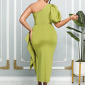 European and american women's clothing  summer new arrivals: ol style elegant waist-cinching puff sleeve one-shoulder banquet slit dress, european and american style dress