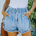 Factory direct sales fashion cross-border independent station new arrival  raw edge lace denim elastic waist shorts  trend