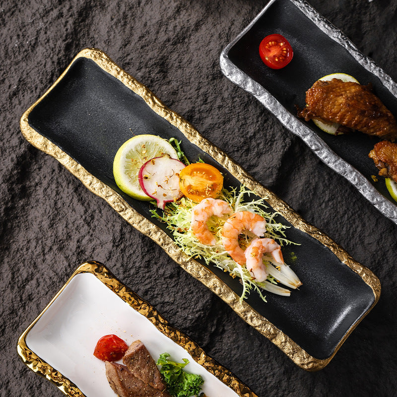 High-end ceramic japanese-style long sushi plate, perfect for showcasing dishes in stylish restaurants and hotels. a visually appealing, elongated serving platter
