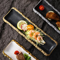 High-end ceramic japanese-style long sushi plate, perfect for showcasing dishes in stylish restaurants and hotels. a visually appealing, elongated serving platter