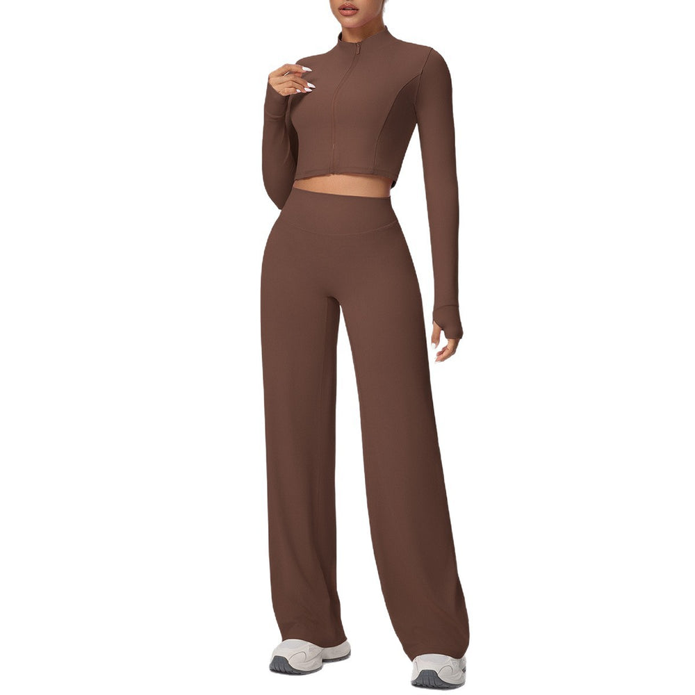 New arrival: solid color double-sided brushed fleece zip-up jacket & wide-leg yoga pants set - perfect for running, fitness, and activewear