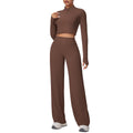 New arrival: solid color double-sided brushed fleece zip-up jacket & wide-leg yoga pants set - perfect for running, fitness, and activewear