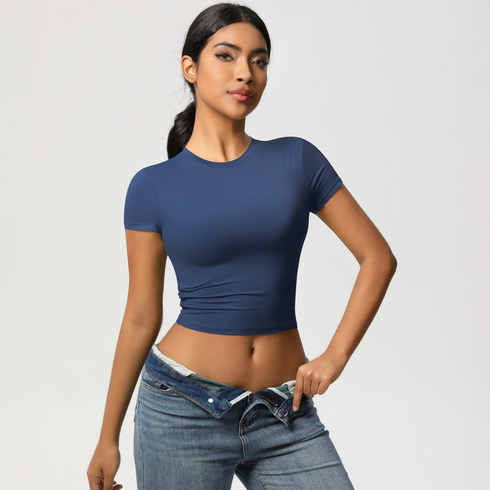 Patchworkcasualeasiest for match tight short-sleeved yoga clothes for women running fitness pilates sports quick-drying t-shirt tops