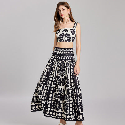 European and american style retro jacquard knit set - women's sleeveless tank top + midi skirt - high-end socialite two-piece outfit