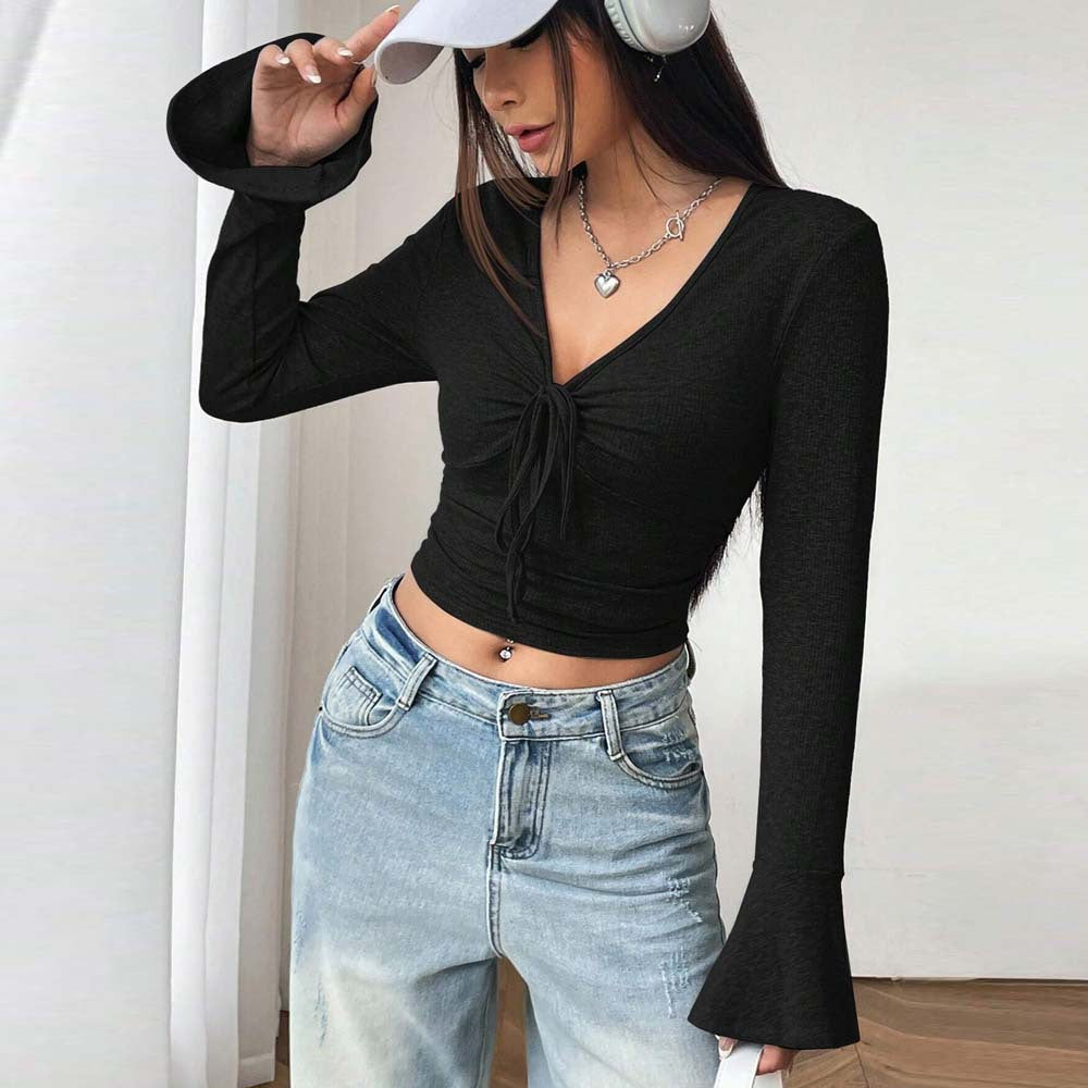 European and American  women's clothing V-neck horn-sleeved T-shirt summer new elegant style solid color pullover long-sleeved short top women