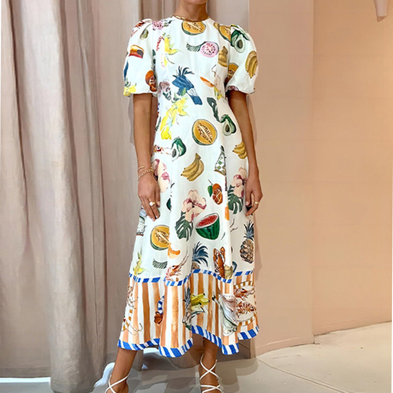 summer new women's clothing: cross-border european and american hot seller - elegant commute, sweet print, round neck, a-line maxi dress