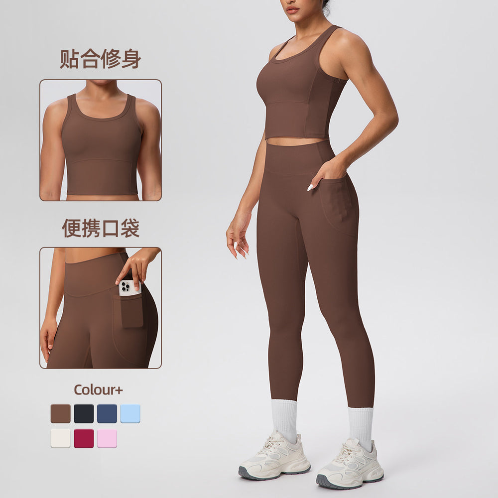 New arrival: cross-border double-sided brushed solid color breathable pocket long yoga outfit set - two-piece activewear for running and fitness