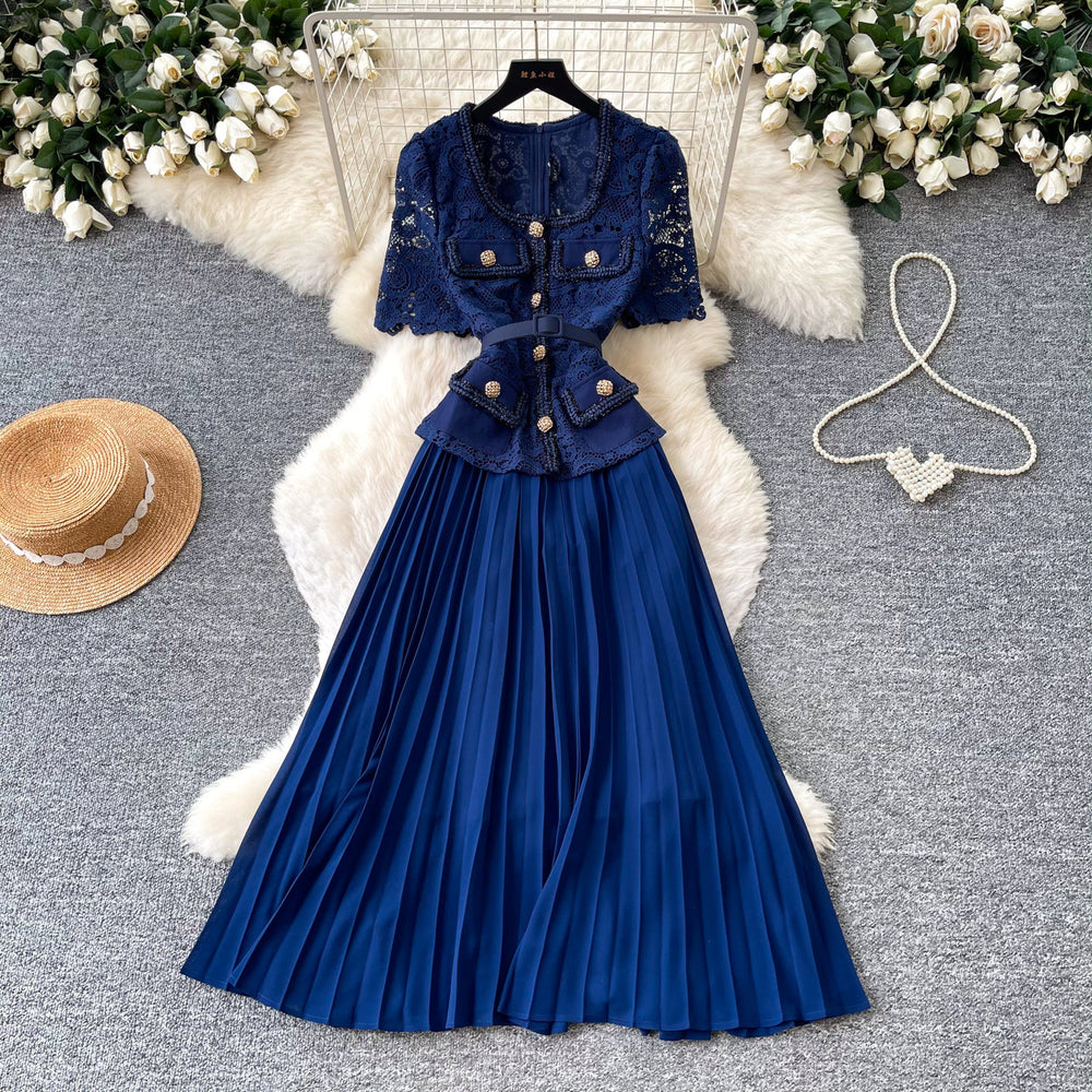 Elegant red lace short-sleeve patchwork dress - women's summer high-end commute style with pleated skirt