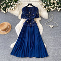 Elegant red lace short-sleeve patchwork dress - women's summer high-end commute style with pleated skirt