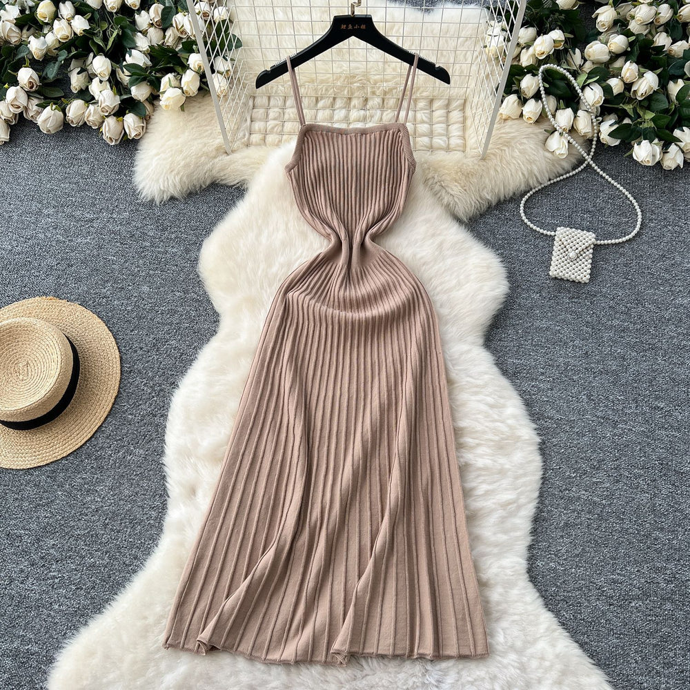 Women's summer dress  new arrival: elegant and chic spaghetti strap knit dress with vertical stripes - slimming, waist-defining, and perfect for layering
