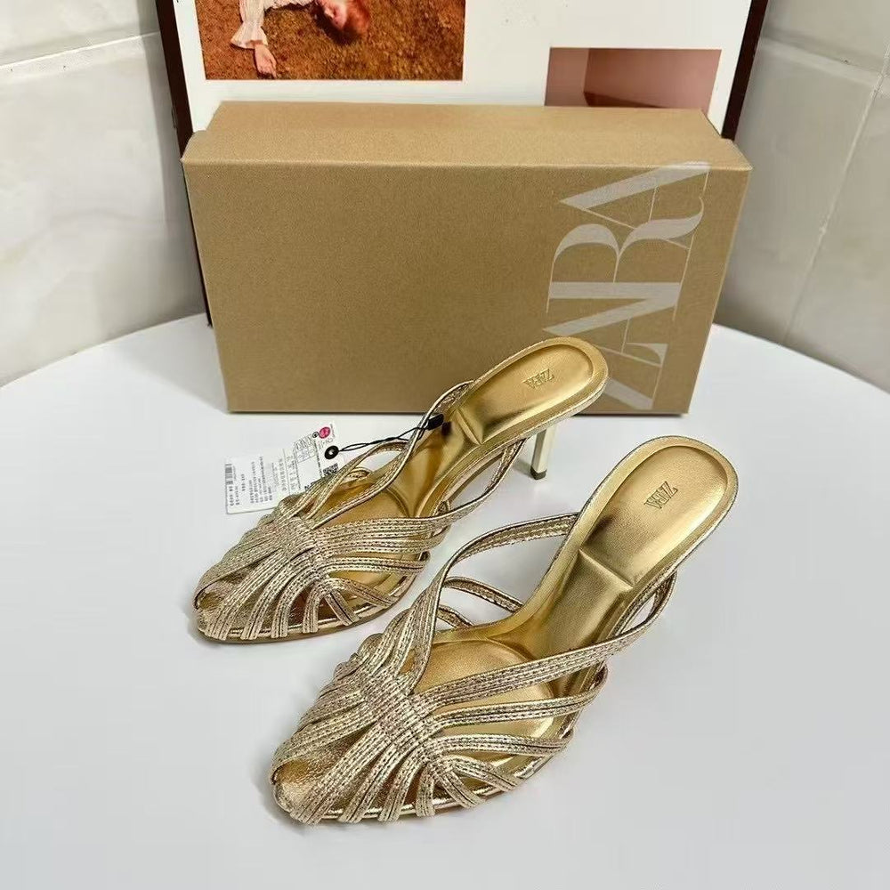 Za retro 2025 summer rhinestone sexy light luxury niche women's shoes outdoor gold high heel sandals