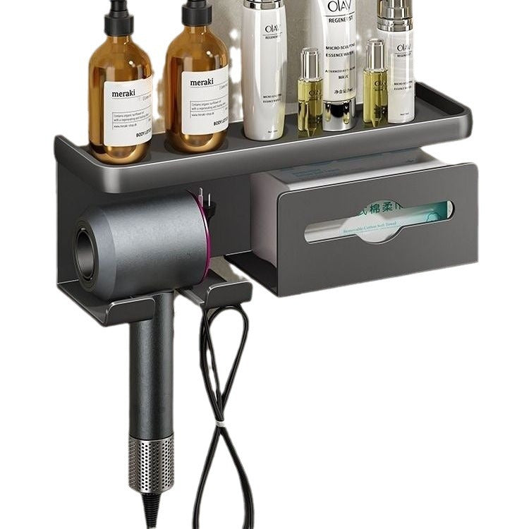 Light luxury gray hair dryer rack, punch-free bathroom storage rack, hair dryer rack, wall-mounted rack, three-in-one hair dryer