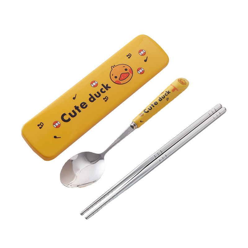 Cute stainless steel cutlery set with stylish ceramic handles - portable student dinnerware, kids' chopsticks and spoon set