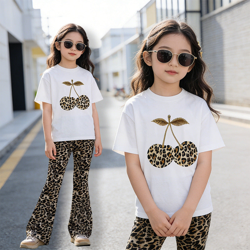 Girls' two-piece summer outfit: lightweight casual leopard print fashion set for girls,  new short-sleeve printed set