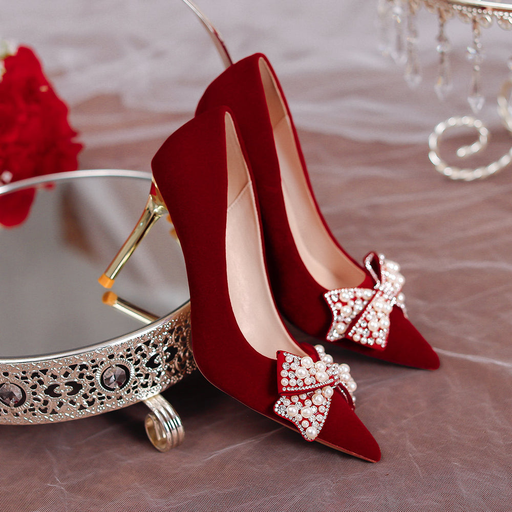 Wedding shoes for women 2024 new arrival bridal shoes burgundy xiuhe wedding dress non-tiring high heels french wedding red shoes