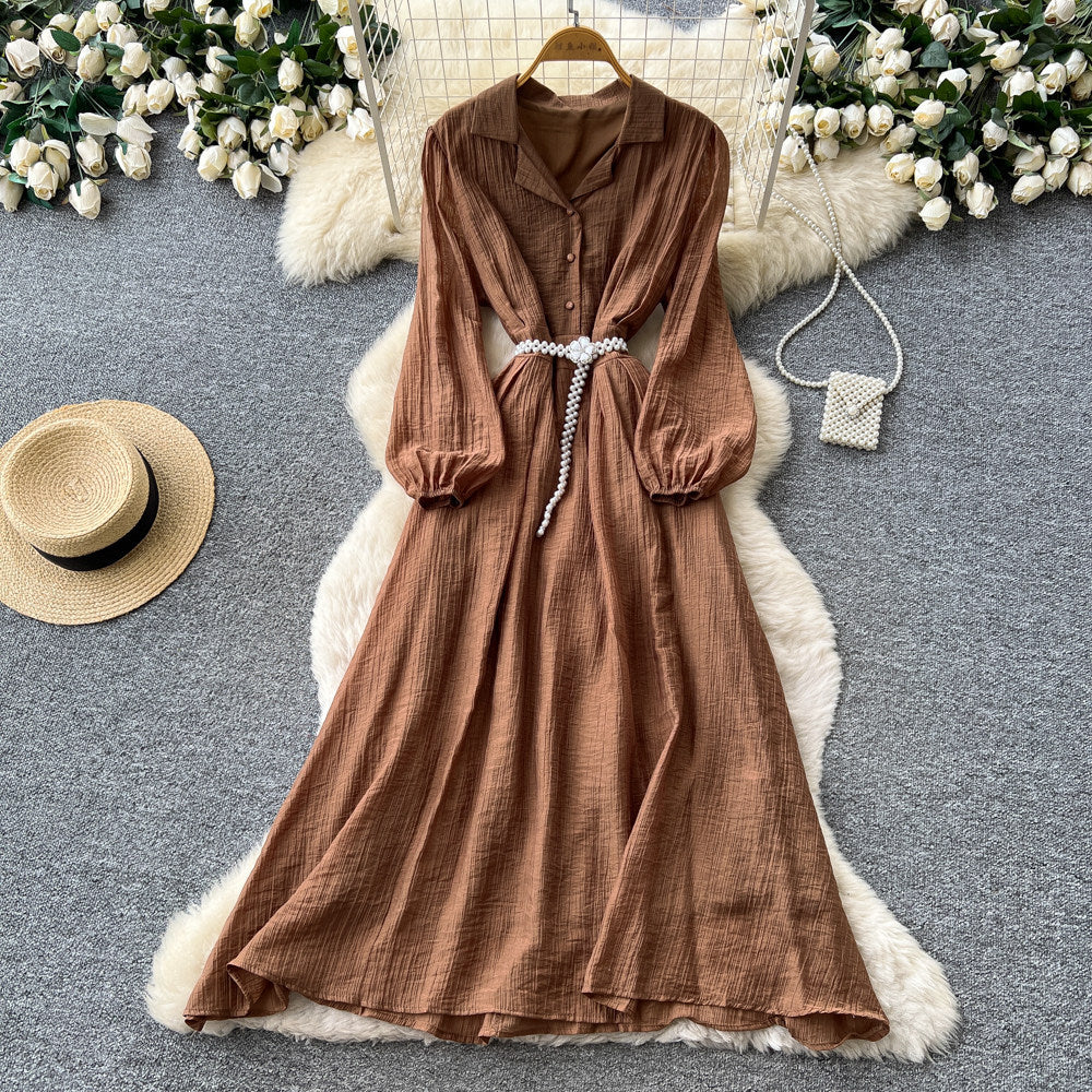 Korean style commute blue ruched long sleeve dress - women's summer slimming a-line elegant maxi dress