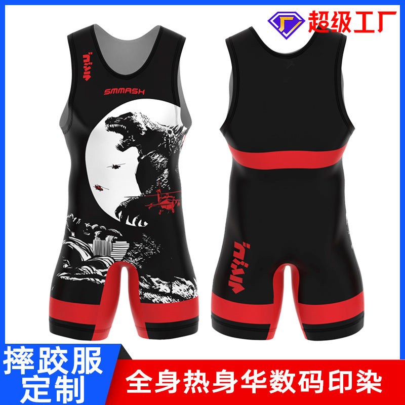 Sublimation full body print men's one-piece wrestling suit custom match weightlifting suit men's and women's free wrestling one-piece vest