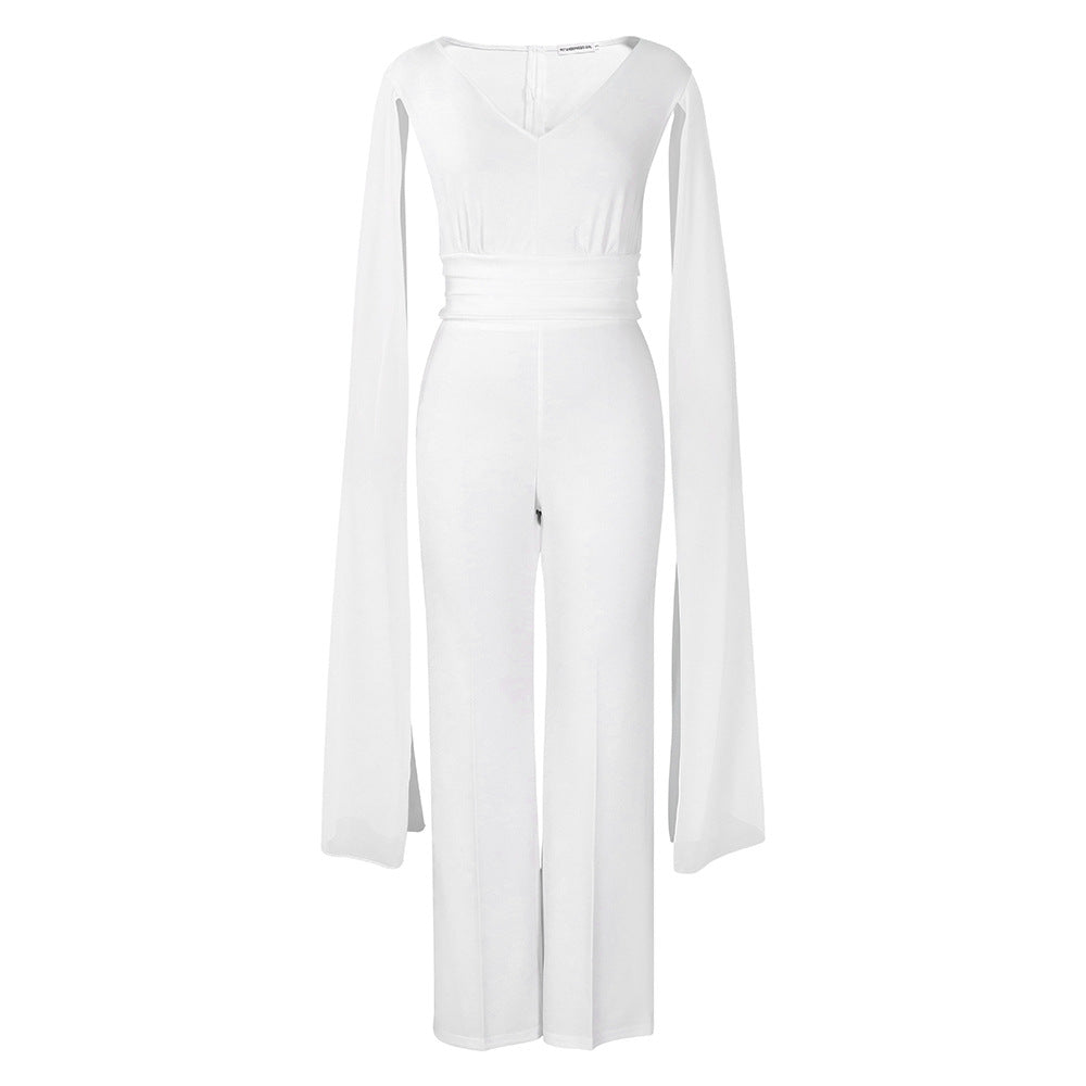 C8561 european and american style fashionable elegant commute v-neck top and wide-leg pants two-piece set, plus size african export outfit