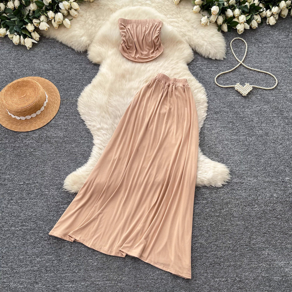French riviera style halter top two-piece set: women's summer bandeau top & high-waisted midi skirt - slimming, chic, and fashionable outfit