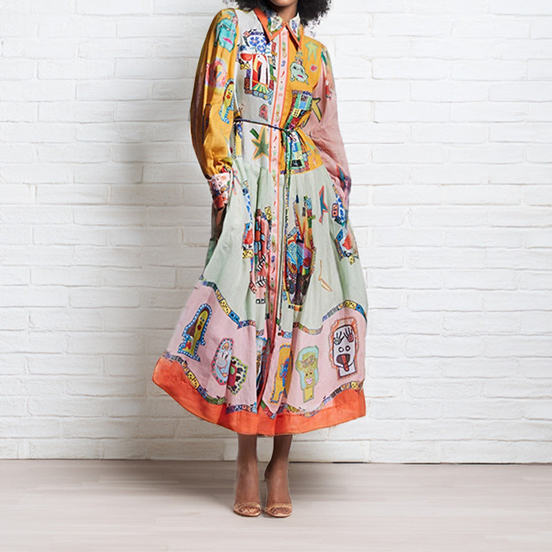cross-border e-commerce european and american women's clothing: new summer collection - lantern sleeve printed collar, cinched waist, and flared maxi dress
