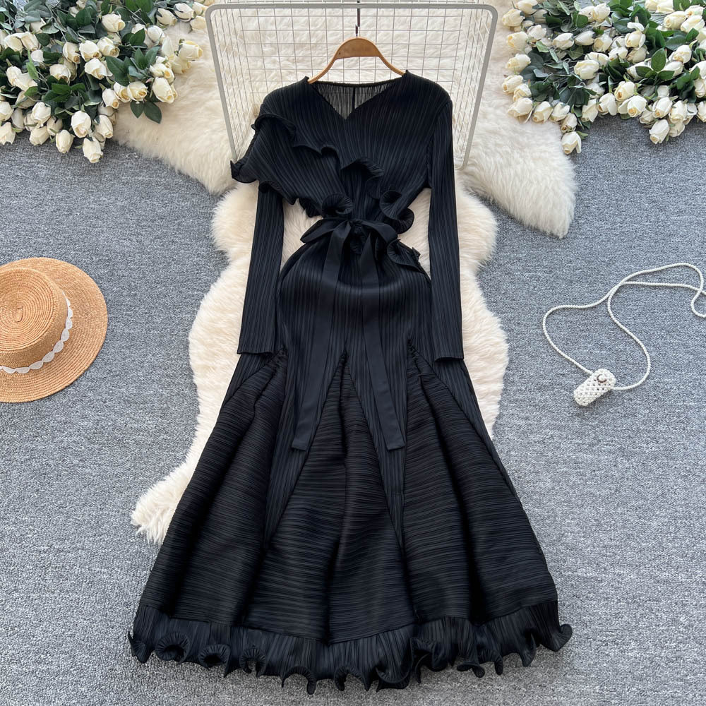 European and american niche fashion socialite tie-waist ruffle pleated dress - women's high-end slimming elegant maxi dress