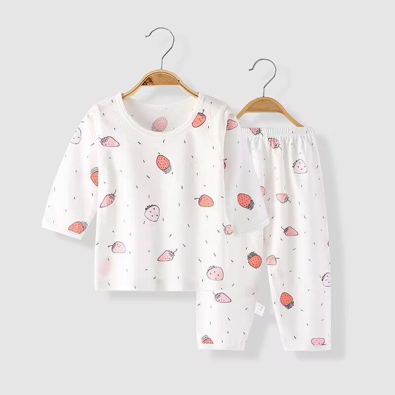 Baby underwear set summer thin pure cotton unisex baby mesh air conditioning suit pajamas infant round neck set