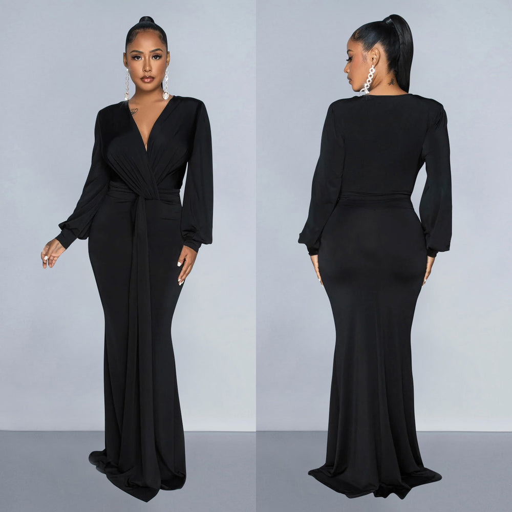 C6796 cross-border   fashion women's solid color sexy deep v ruched maxi dress