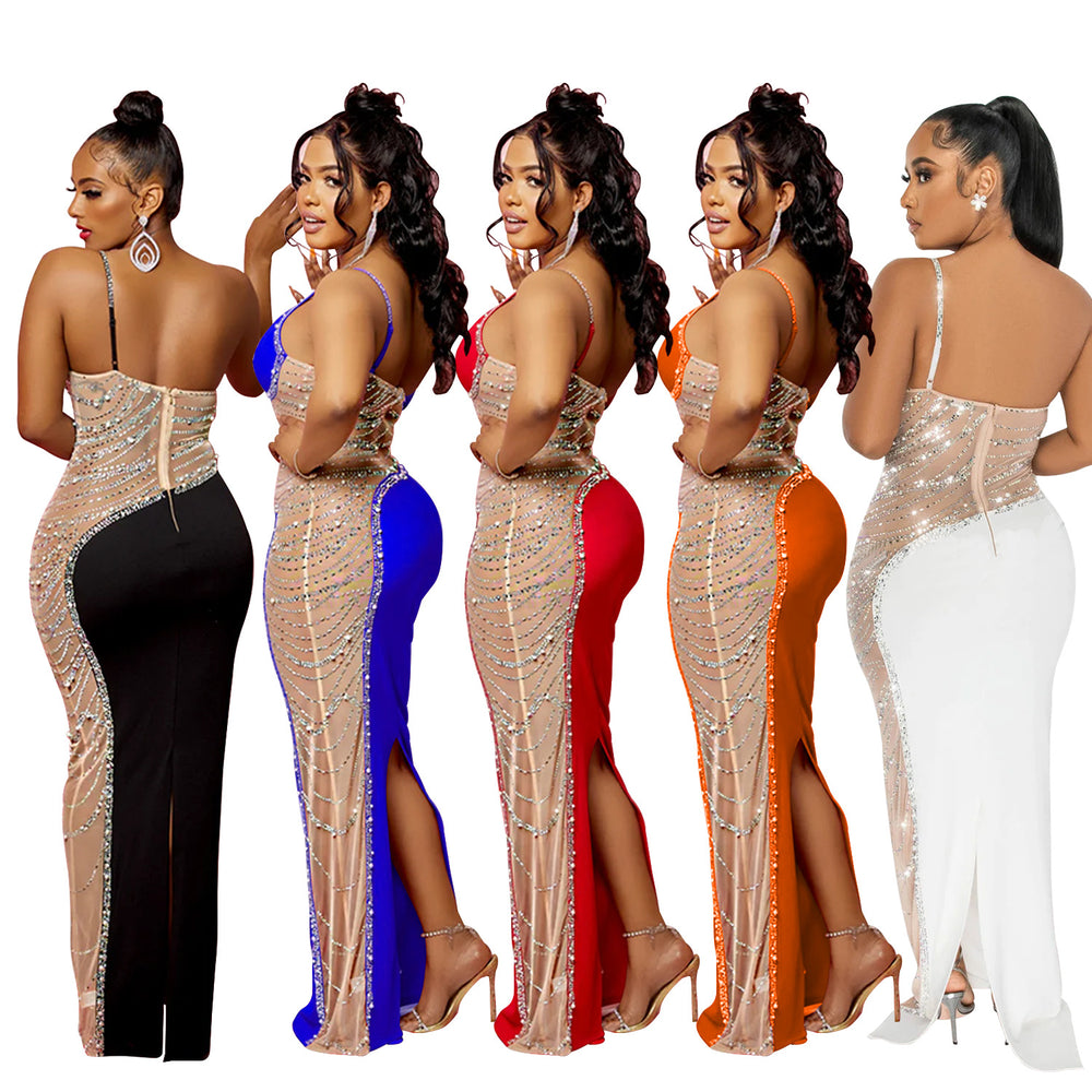 C6271 cross-border   fashion women's solid color rhinestone sleeveless cami maxi dress