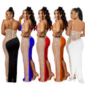 C6271 cross-border   fashion women's solid color rhinestone sleeveless cami maxi dress