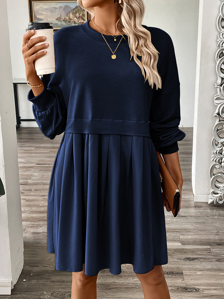 fashion  fall and winter women's pure colorlong sleevespatchworksweatshirtdresselegantwork clothing