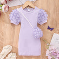 Kids' lightweight bubble sleeve short-sleeve crew neck solid color dress with bubble detail
