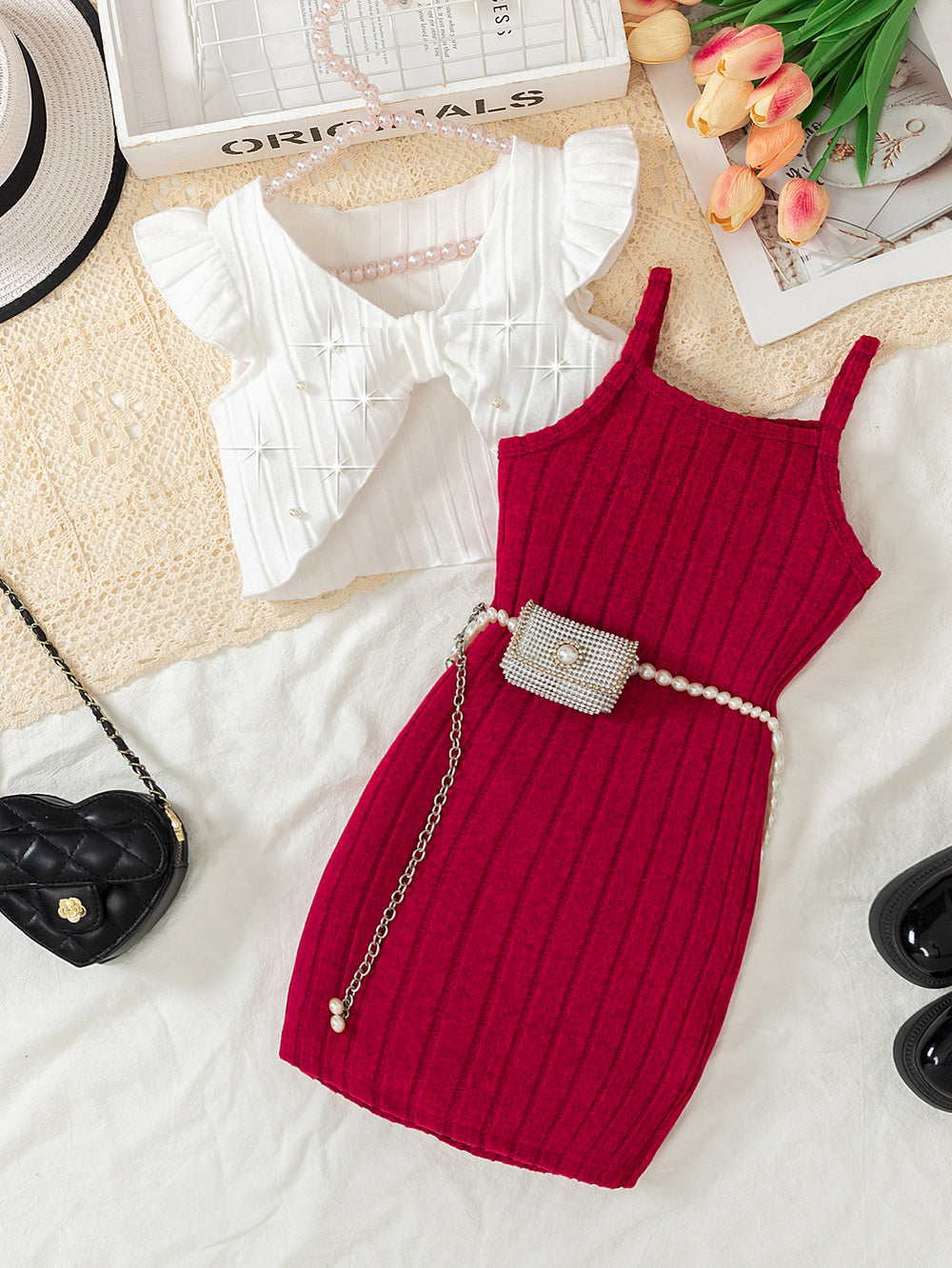 new spring and summer cross-border exclusive heavy industry beaded vest + suspender dress two-piece set