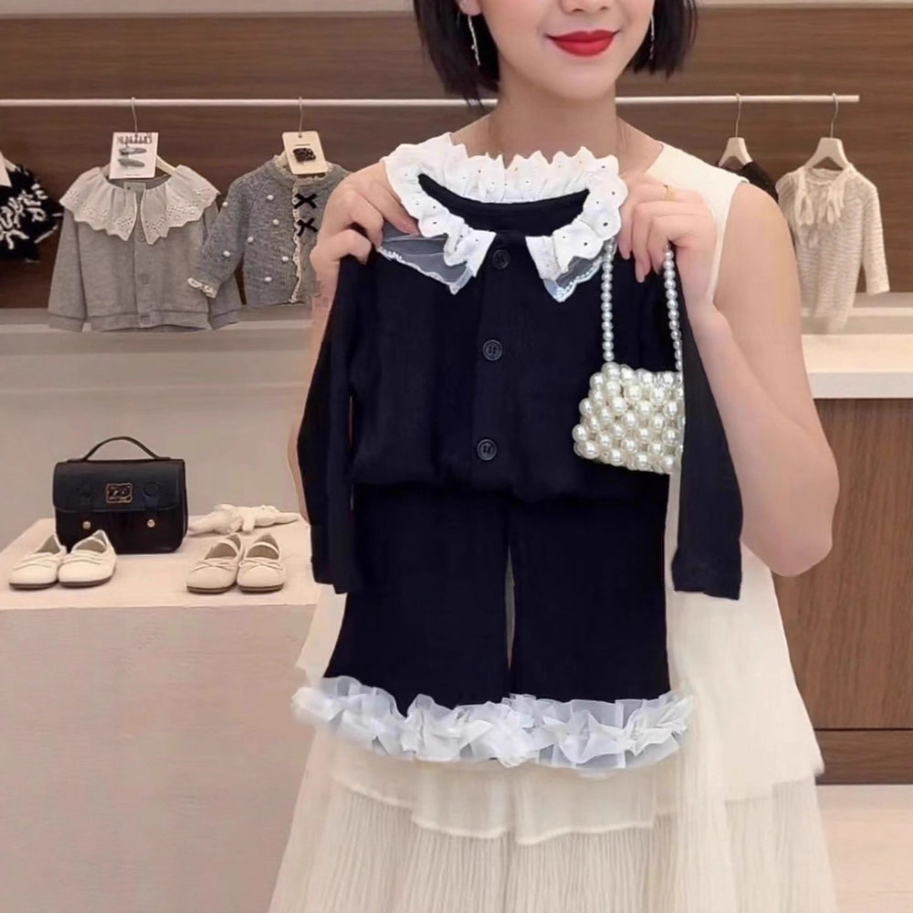 【dropshipping】 girls' autumn outfit: designer-inspired tweed-style top with lace trim and flared pants two-piece set